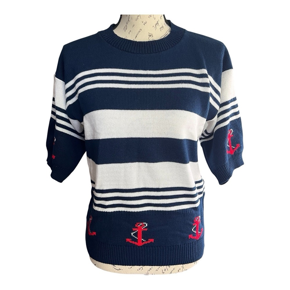 VTG Cristin Stevens Nautical Knit Sweater Small Blue White‎ Striped Red Anchor